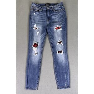 Judy Blue Jeans 29 Blue Skinny Ankle Buffalo Plaid Accent Chic Trendy Distressed